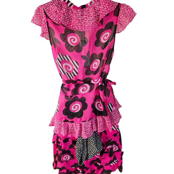 Celia Birdwell Vintage 2 Piece Skirt set Pink Black White Wrap Top Ruffled Sz SM - Picture 2 of 14